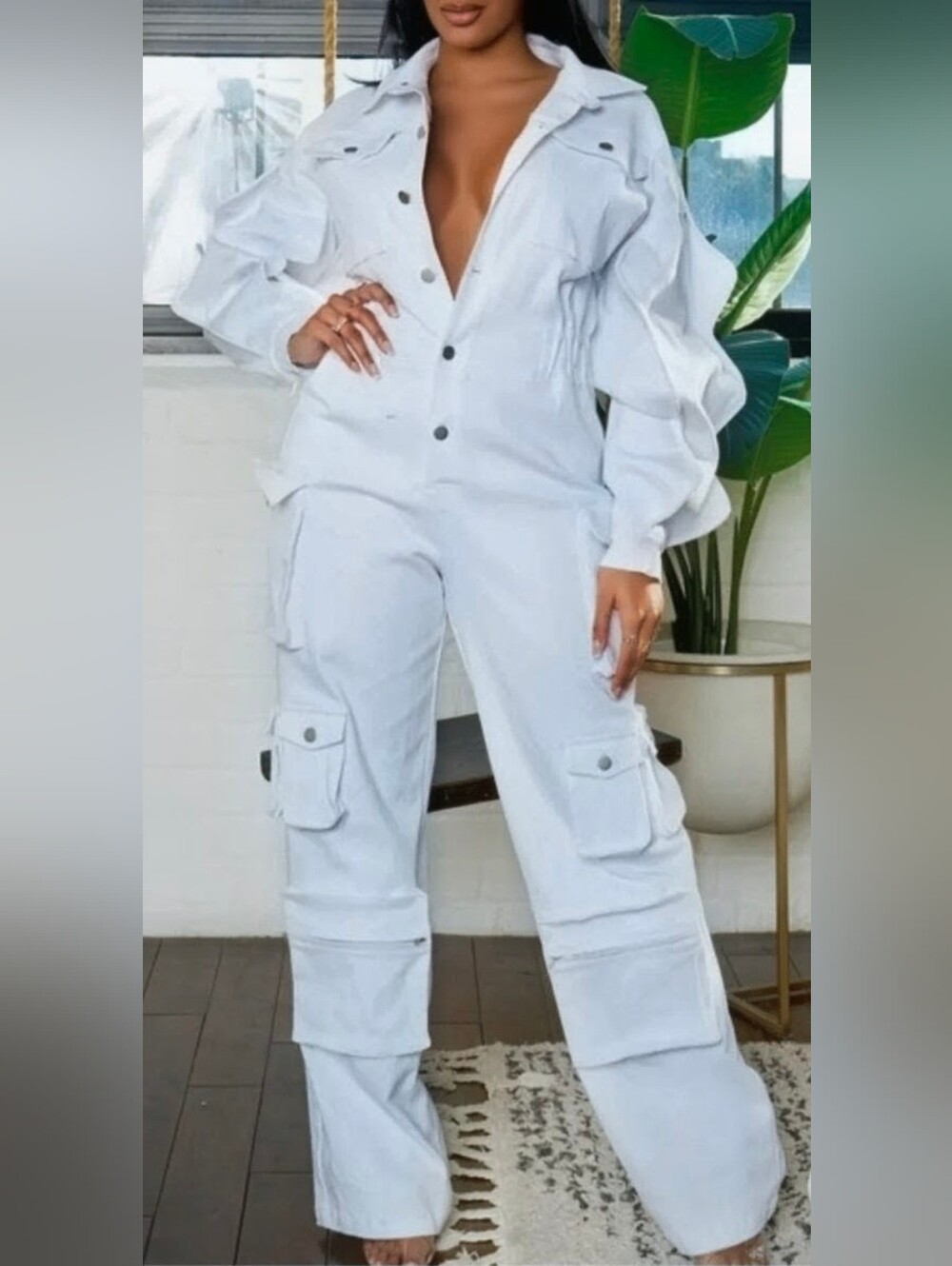 Women's White Cargo Jumpsuit with Ruffle Sleeves